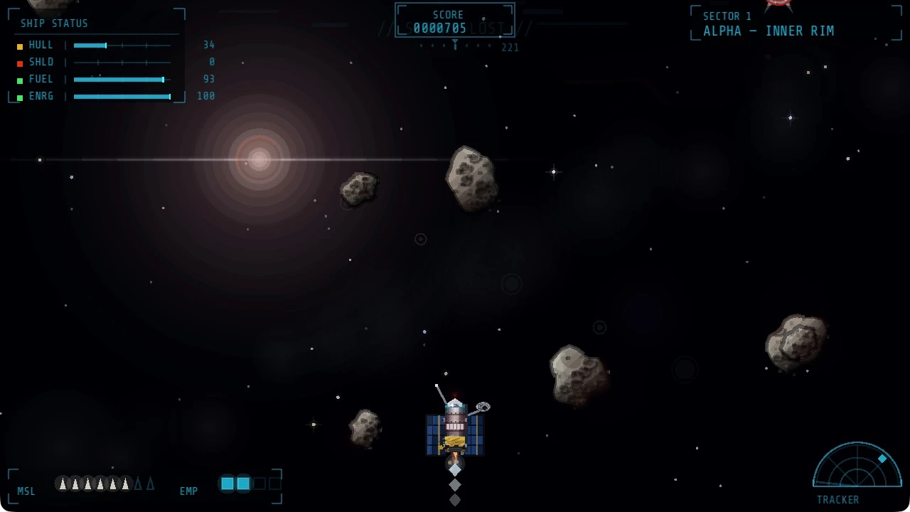 Actual Nova Scout gameplay: Survey Probe Seven flies among asteroids in Sector 1, with fuel and ship status instruments.